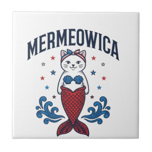Mermeowica Patriotisk Katt Havsfrusko Design_1 Kakelplatta
