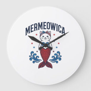 Mermeowica Patriotisk Katt Havsfrusko Design_1 Stor Klocka