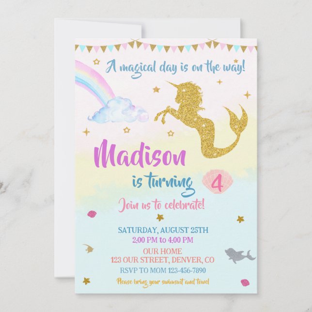 Mermicorn-födelsedagsinbjudan Girl Magic party Inbjudningar (Framsida)