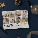 Merrier Together Family Photo Collage jul<br><div class="desc">"Merrier ToTillsammans"-familjens fotokollage guld foil christmas-helgdag kort. Skapa ditt eget unika jullokerkort den här julhelgen. Utformningen har åtta fyrkantiga foton i en modern rutnätslayout och texten "MERRIER tillsammans" med ditt/dina namn.</div>