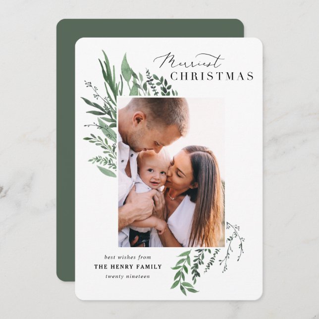 Merriest christmas botaniskt fotojulkort inbjudningar (Fram/baksida)
