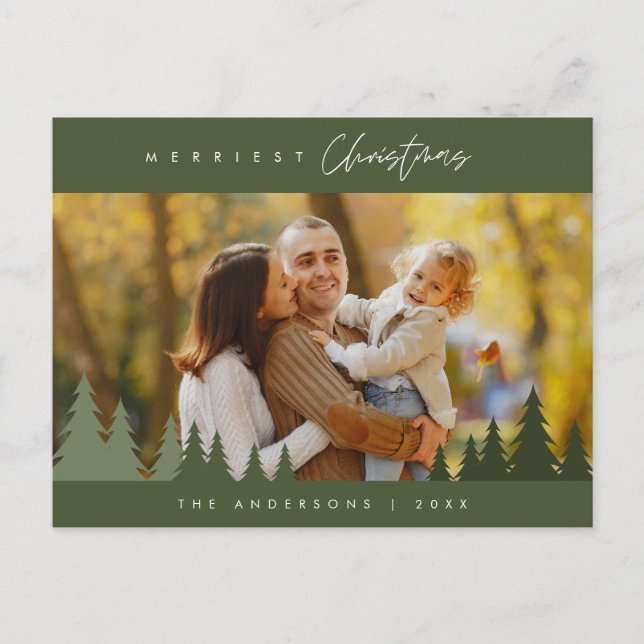 Merriest Christmas Family Photo Outdoor Pine Trees Vykort (Framsida)