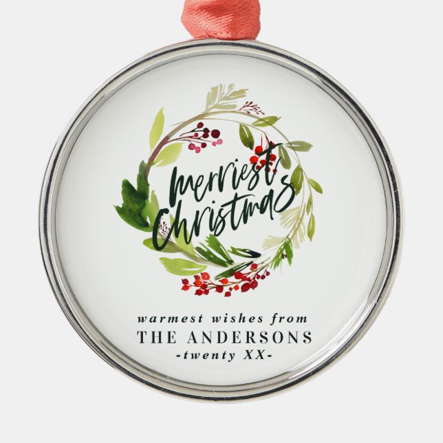 merriest christmas vattenfärgsröd bärodderblad julgransprydnad metall (Framsidan)