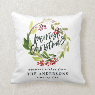 merriest christmas vattenfärgsröd bärodderblad kudde