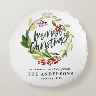 merriest christmas vattenfärgsröd bärodderblad rund kudde