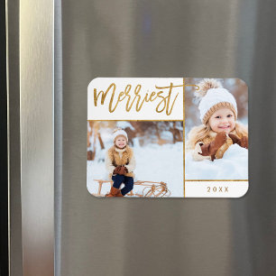 Merriest Faux Gold Foil 2 Photo Helgdag Magnet