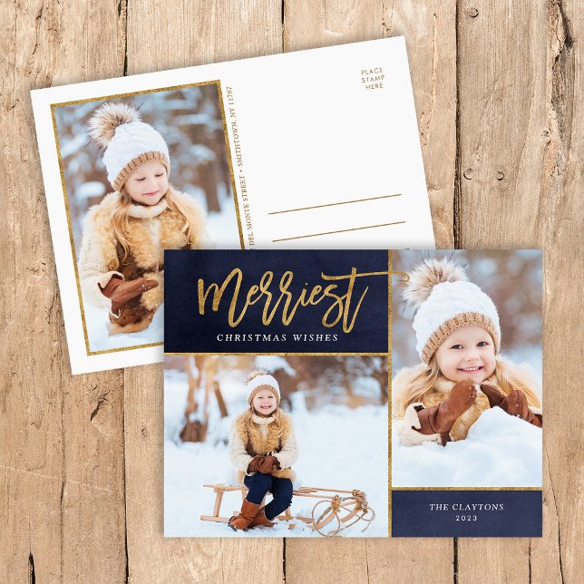 Merriest Faux Gold Foil 3 Photo Helg Vykort (Skapare uppladdad)