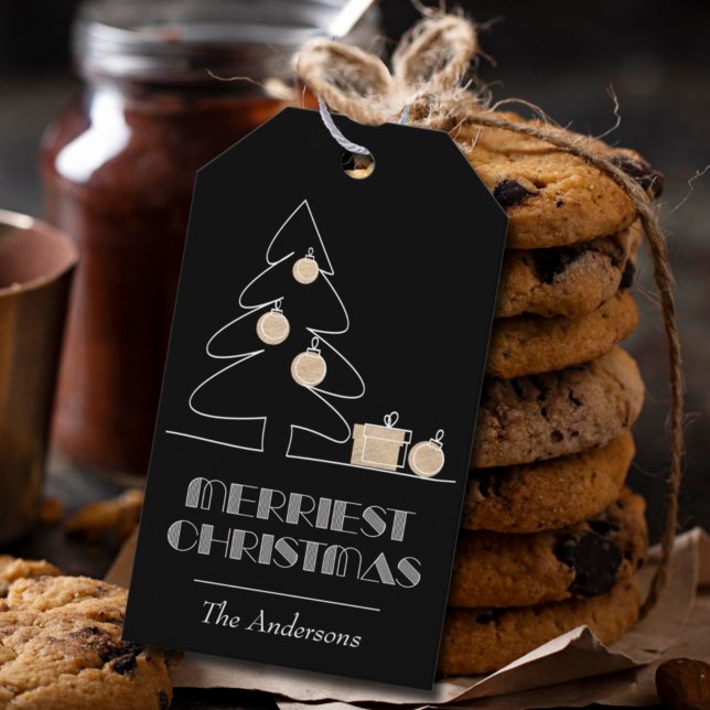 Merriest jul Black Presentetikett (Merriest Christmas Black and Gold Gift or Favor Tags)