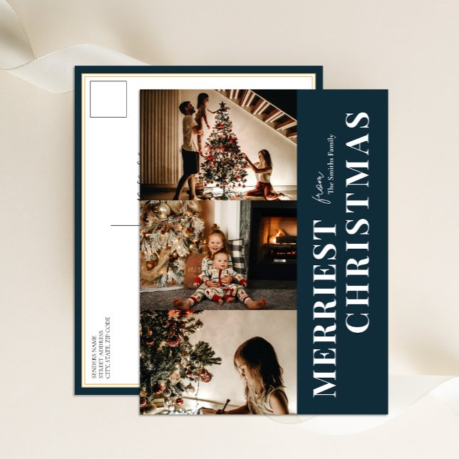 Merriest jul Modern Blue Script 3 Photo Helg Vykort (Skapare uppladdad)