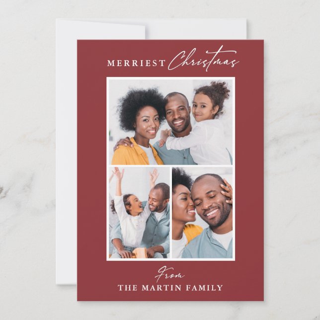 Merriest jul Red Three Photo Collage Julkort (Framsida)