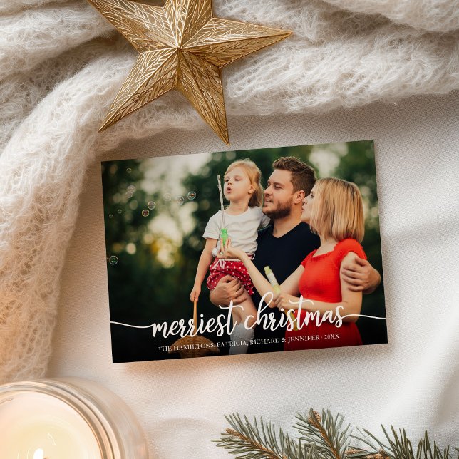 Merriest jul White Calligraphy Fullt Photo Vykort (Skapare uppladdad)