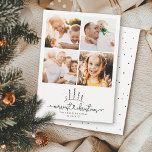 Merriest Julgran Modern Photo Collage Julkort<br><div class="desc">Ett enkelt,  modernt 4-fotokollage-kort med ett sött,  vismiskt skript som läser MERRIEST CHRISTMAS med en handskriven helgdag under en söt,  snöritad träd-scen. Utrymme för foton och meddelanden med 4 anpassningsbar. På baksidan finns en söt minimalistisk punkt mönster.</div>