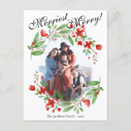 Merriest Red Watercolor Blommigt jul Photo Helg Vykort