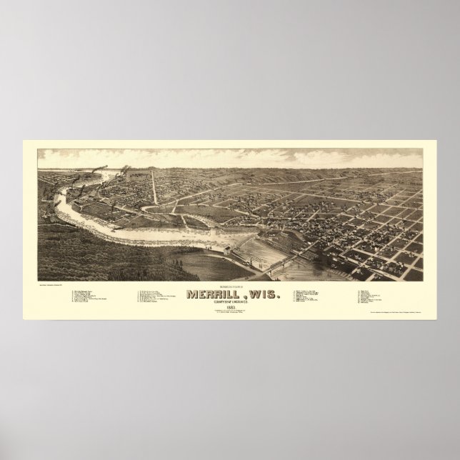Merrill, WI Panoramic Karta - 1883 Poster (Framsidan)