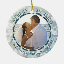 Merrily Married 2 Photo Blue Teal Bokeh Cherish Julgransprydnad Keramik
