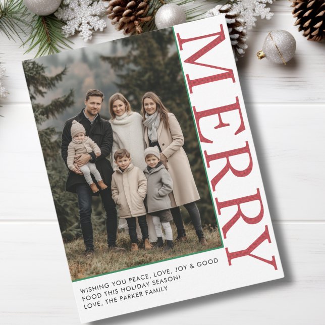 MERRY! 1 Foto, vitt, rött, Grönt, klassiskt Julkort (MERRY! 1 Photo, White, Red, Green, Classic Holiday Card)
