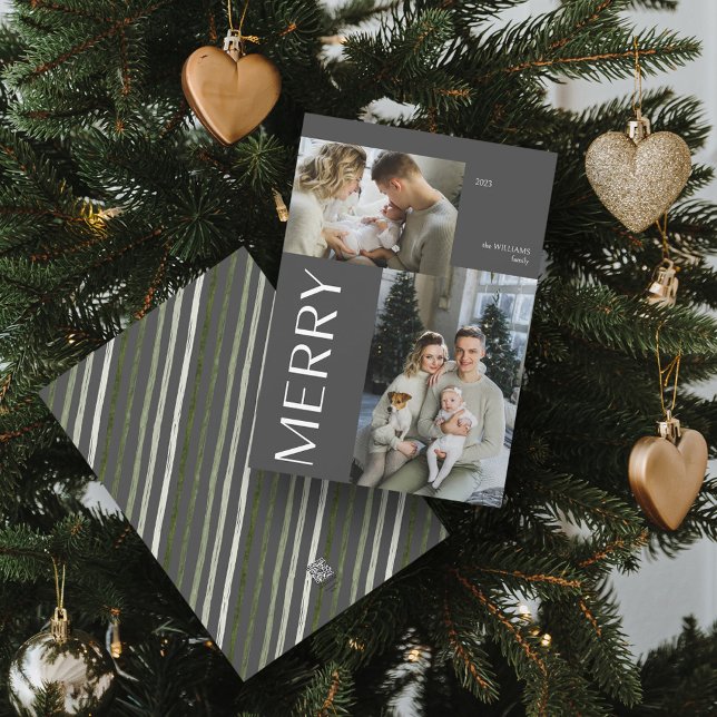 Merry 2 Photo Collage Modern Grått-jul Julkort (Spread Cheer! Customize Your 'MERRY' Photo Holiday Card 📷🎄 [Upload Here])