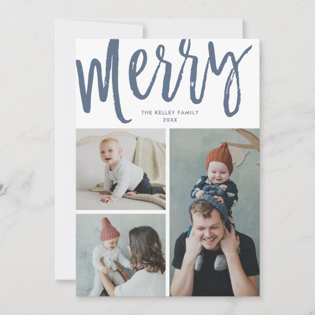 Merry, 3 foto, text/foto på baksidan, blå julkort (Framsida)