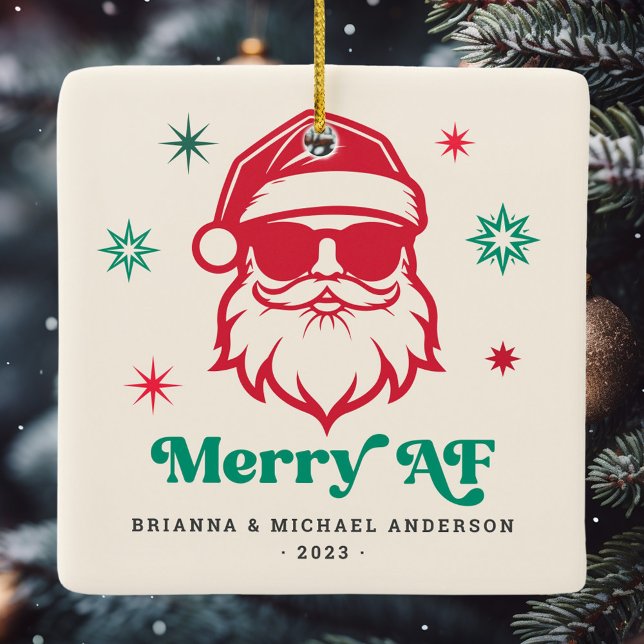 Merry AF coola Santa in sunglass retro stars Julgransprydnad Keramik (Merry AF cool Santa in sunglasses retro stars Ceramic Ornament)