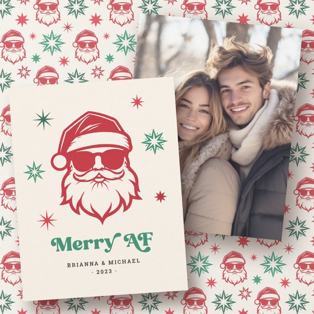 Merry AF coola Santa in sunglass retro stars Julkort (Merry AF cool Santa in sunglasses retro stars Holiday Card)