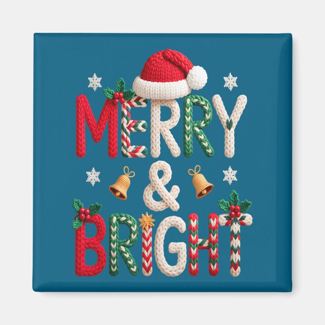 Merry &amp; Bright Christmas Santa Hat Crochet Kni Magnet (Framsidan)