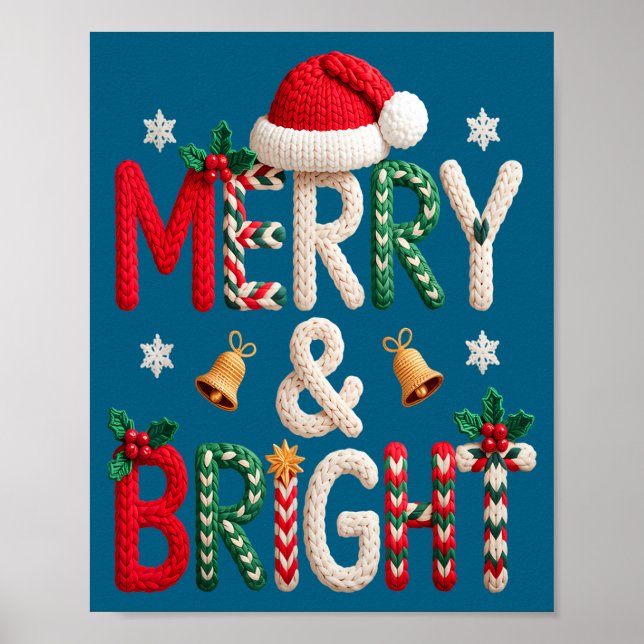 Merry &amp; Bright Christmas Santa Hat Crochet Kni Poster (Framsidan)