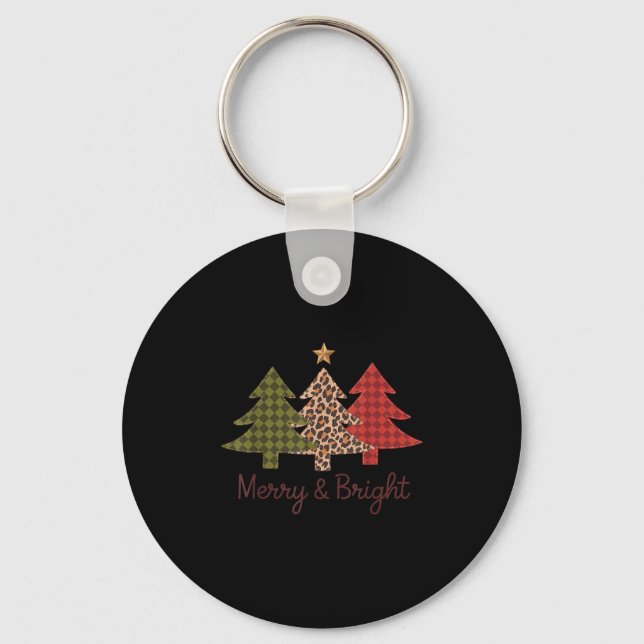 Merry &amp; Bright Plaid Leopard Christmas Tree Xm Nyckelring (Framsida)