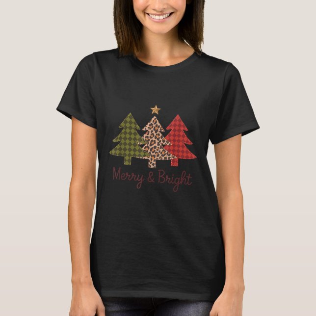 Merry &amp; Bright Plaid Leopard Christmas Tree Xm T Shirt (Framsida)