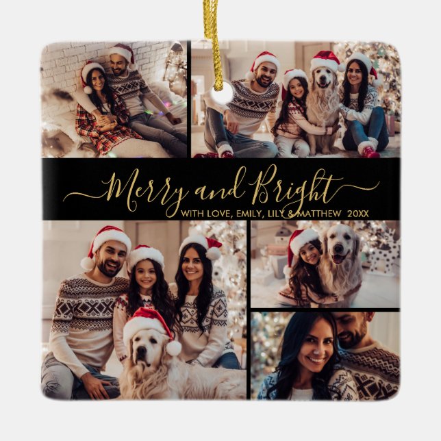 Merry and Bright Black Guld 5 Photo jul Julgransprydnad Keramik (Framsida)
