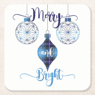 Merry and Bright Blue Plaid Ornament Underlägg Papper Kvadrat