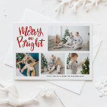 Merry and Bright Calligraphy Red Photo Collage Helg Vykort<br><div class="desc">Må dina helgdagar vara ärliga och ljusa! Skicka helgdag önskemål och hälsning till familj och vänner med det här helgdag för fotokollage. Den har modern kalligrafi med gräs nål och bär mönster. Anpassa genom att lägga till namn och foton. Du kan anpassa kortets baksida ytterligare genom att ändra mönster till...</div>