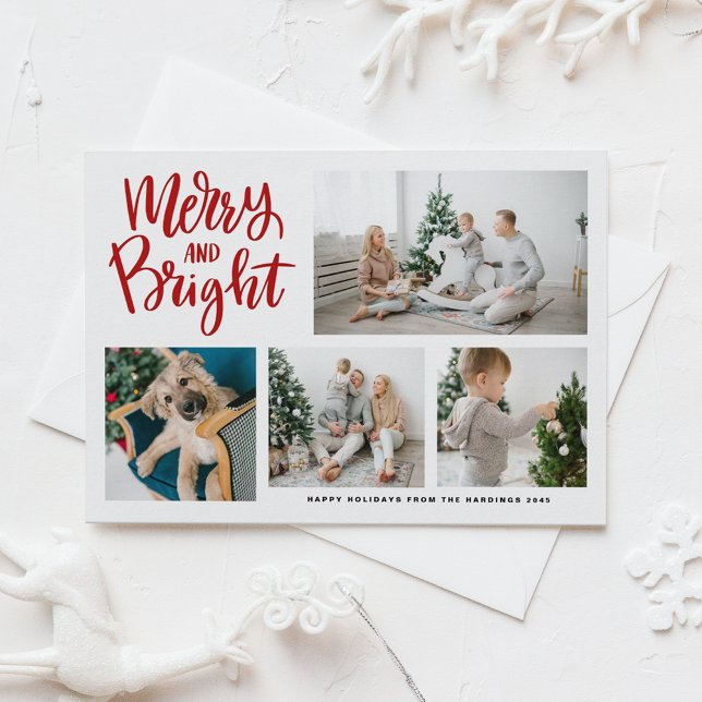 Merry and Bright Calligraphy Red Photo Collage Helg Vykort (Skapare uppladdad)