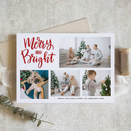 Merry and Bright Calligraphy Red Photo Collage Helgkort