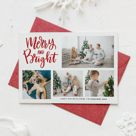 Merry and Bright Calligraphy Red Photo Collage Julkort