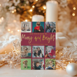Merry and Bright Chic Red & Faux Guld 9 Photo Julkort