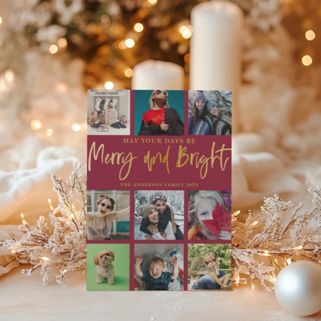 Merry and Bright Chic Red & Faux Guld 9 Photo Julkort (Skapare uppladdad)