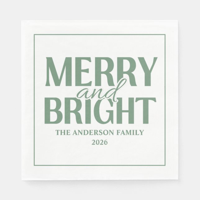 Merry And Bright Christmas Holiday Green Pappersservett (Framsidan)