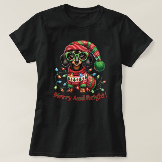 Merry and Bright Dachshund T Shirt (Design framsida)