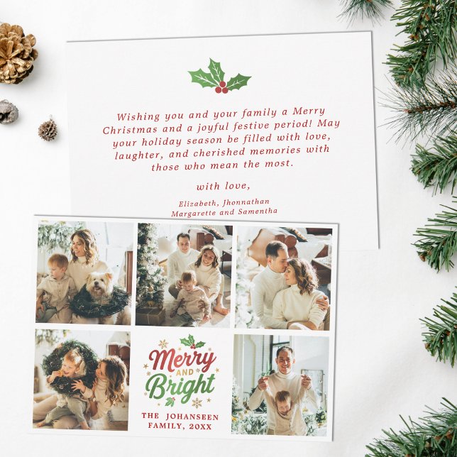 Merry and Bright Family Photo Collage jul Julkort (Skapare uppladdad)