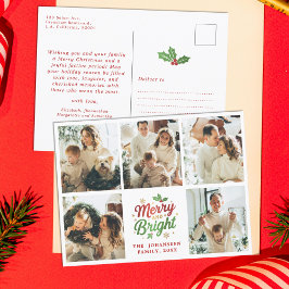 Merry and Bright Family Photo Collage jul Vykort