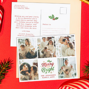 Merry and Bright Family Photo Collage jul Vykort