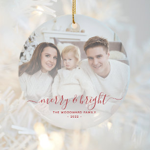 Merry and Bright Family Photo Red Script Julgransprydnad Keramik