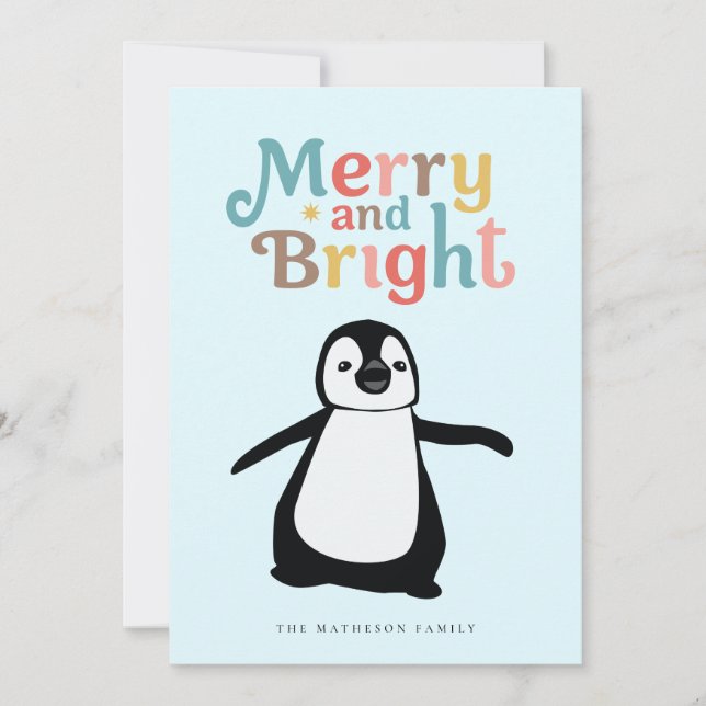 Merry and Bright fun cute Penguin Christmas custom Julkort (Framsida)