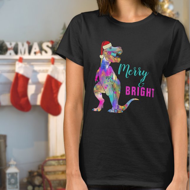 Merry and Bright Funny Santa T-Rex-citat T Shirt (Merry and bright funny Christmas dinosaur T-shirt )