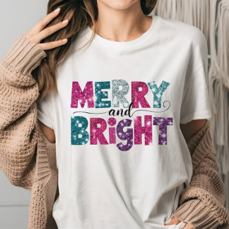 Merry and Bright Glitte-like Christmas Vibes pink  T Shirt
