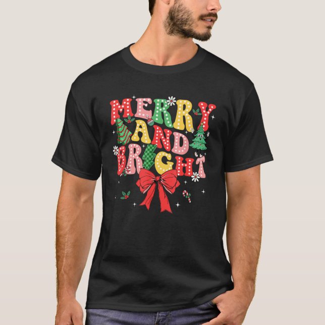 Merry and Bright God jul Coquette Bow Girl T Shirt (Framsida)