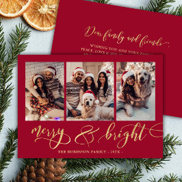 Merry and Bright Gold Script 3 Photo Red Christmas Julkort