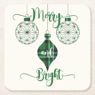 Merry and Bright Green Plaid Ornament Underlägg Papper Kvadrat