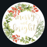Merry and Bright Greenery Wandey Helgdag Runt Klistermärke<br><div class="desc">Hård och lätt grå andedräkt,  klassisk rund Helgdag</div>