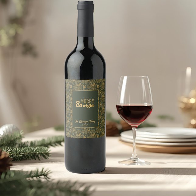 Merry and Bright Grönt Faux Guld Vinflaska Etikett (Skapare uppladdad)